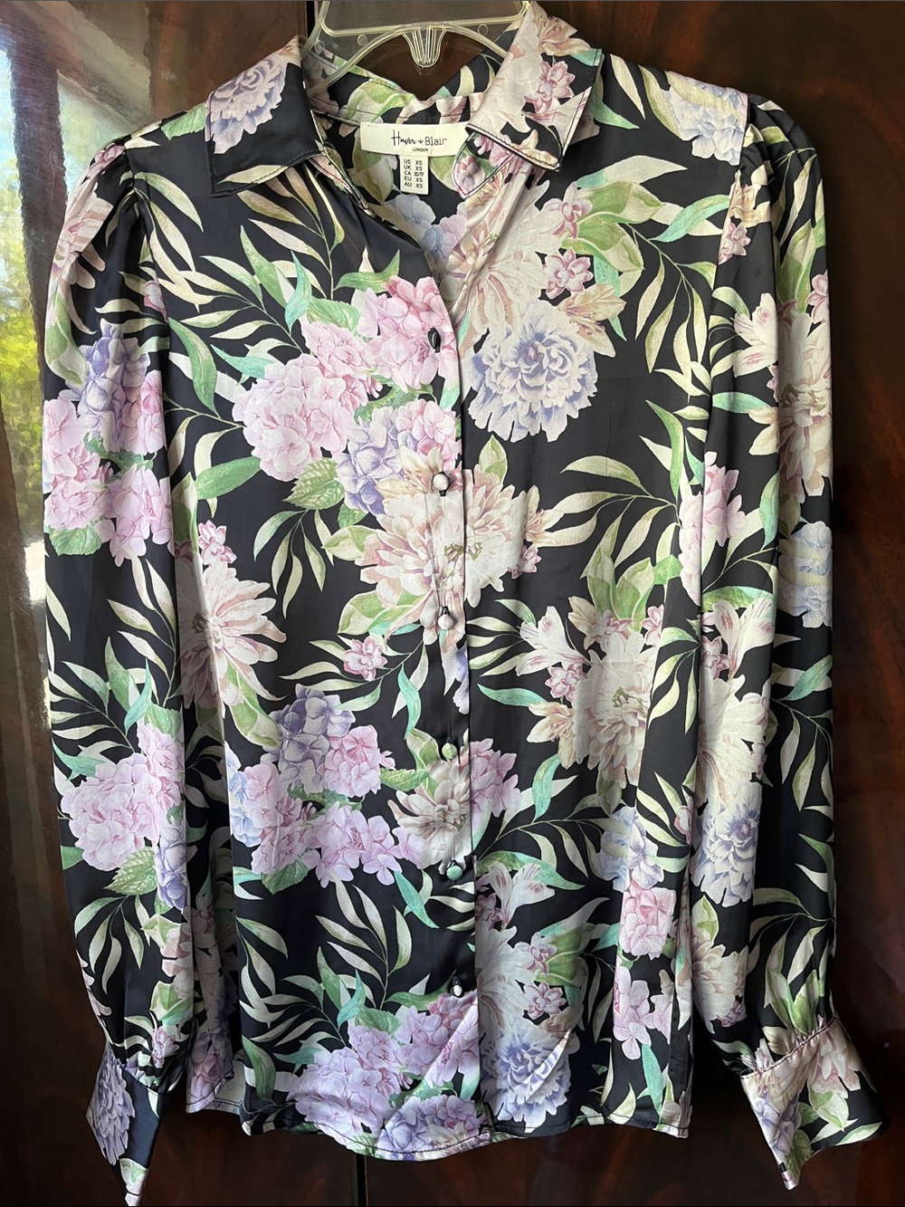 Haver & Blair Satin Button Down Long Sleeve Shirt with Large Printed Flowers